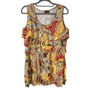 Isle Apparel Size Large Cha Cha Dress Mini Ruffled Layered Yellow Paisley